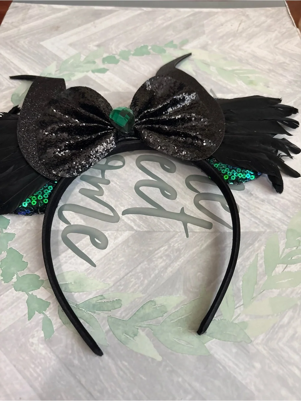 Maleficent Inspired Mouse Ears Headband Black Horns Green Sequins Feathers